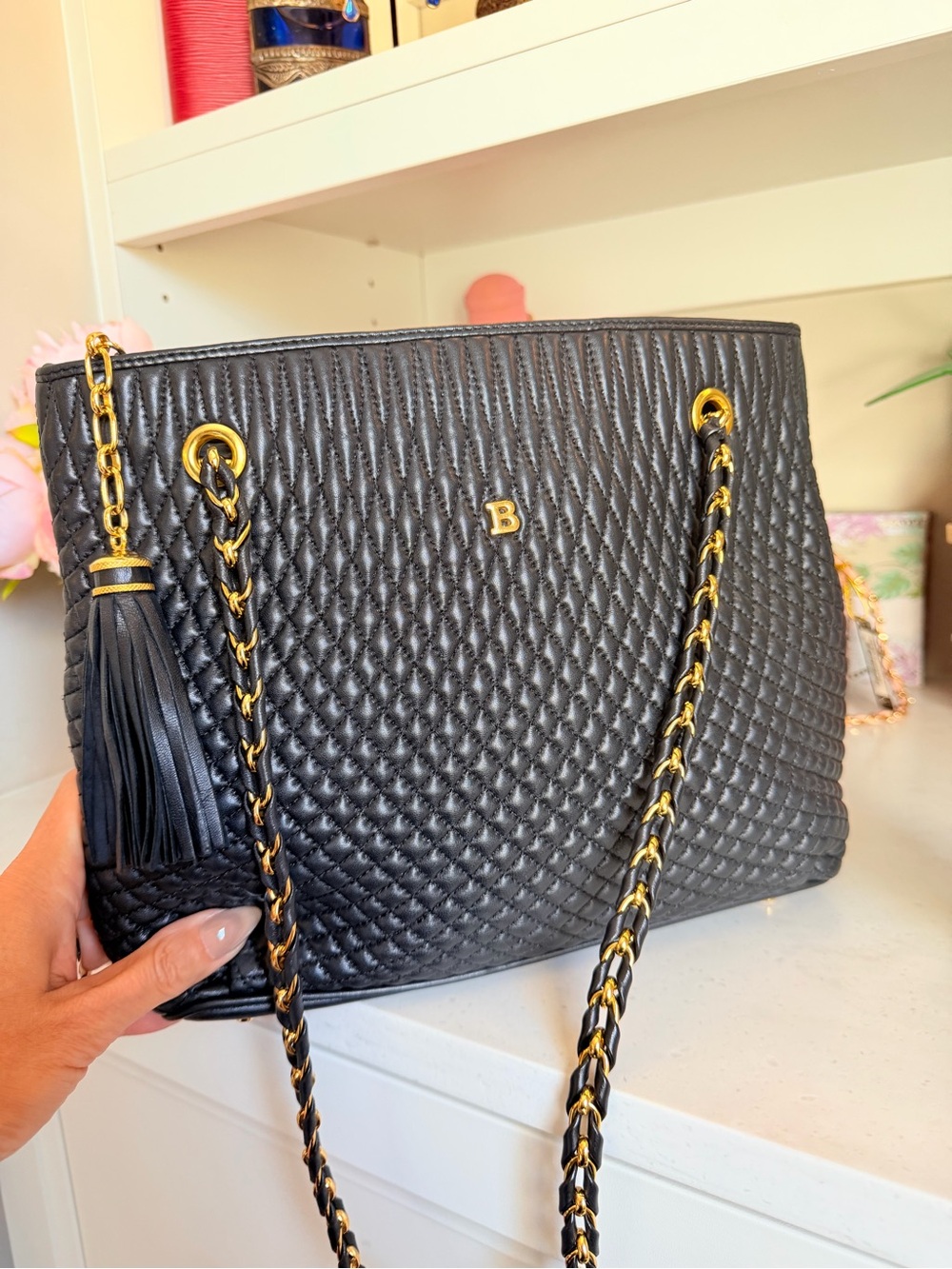 Bally Black Quilted Shoulder Tote w Gold Hardware & braided chain strap